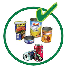 Accepted items in our blue recycling bins - clean tins and aluminum pop cans are permitted.